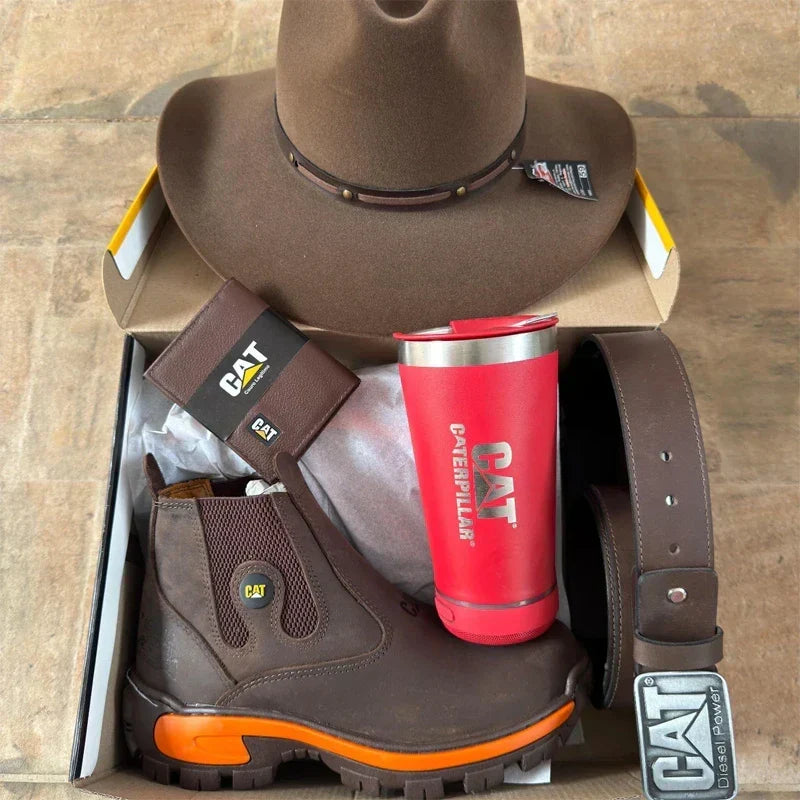 Kit Bota Masculina Adventure em Couro Legítimo e Palmilha Ortopédica +BRINDES: Chapéu, Cinto, Carteira e Copo