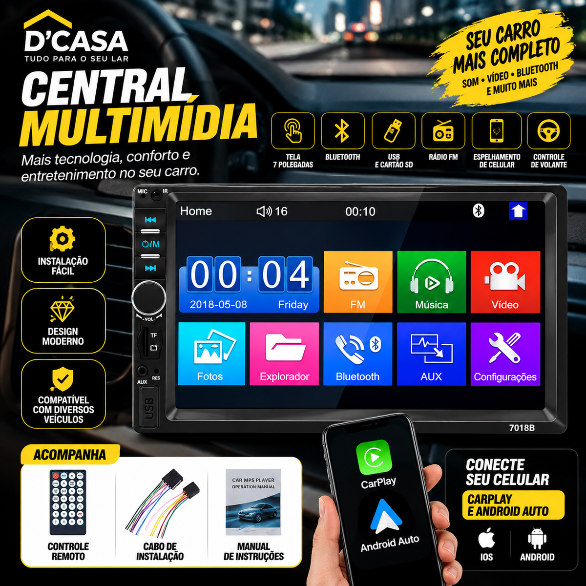 Central Multimídia 7” – Tecnologia e Conectividade no Seu Carro - Modelo Universal