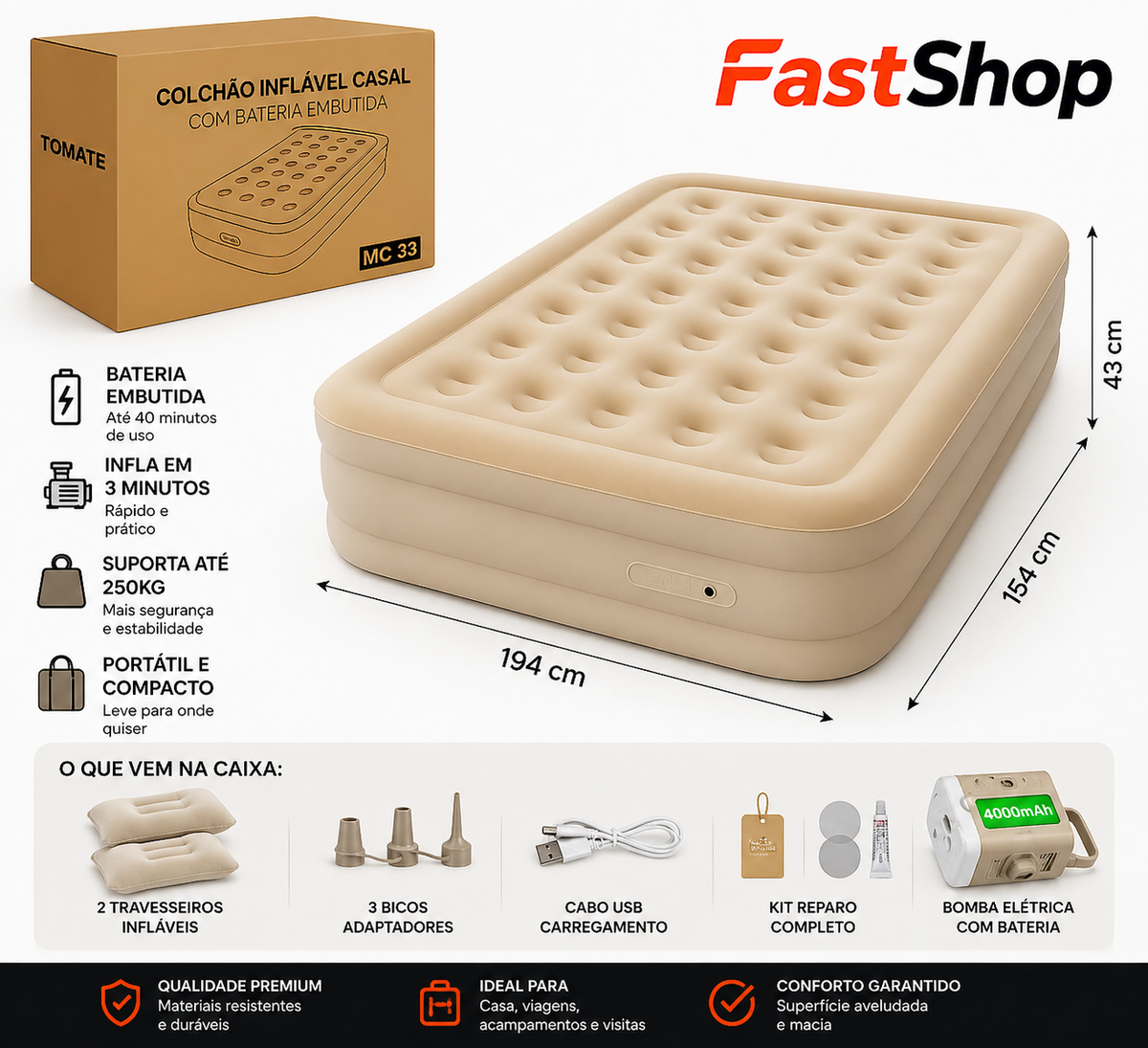 Inflável Premium com Bomba Elétrica Embutida 4000mAh – Conforto de Cama Real em Minutos