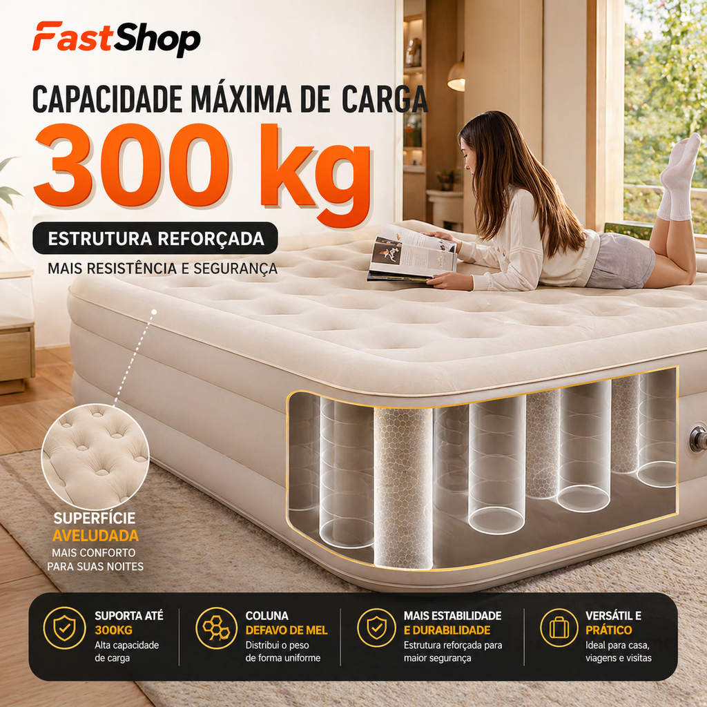 Inflável Premium com Bomba Elétrica Embutida 4000mAh – Conforto de Cama Real em Minutos