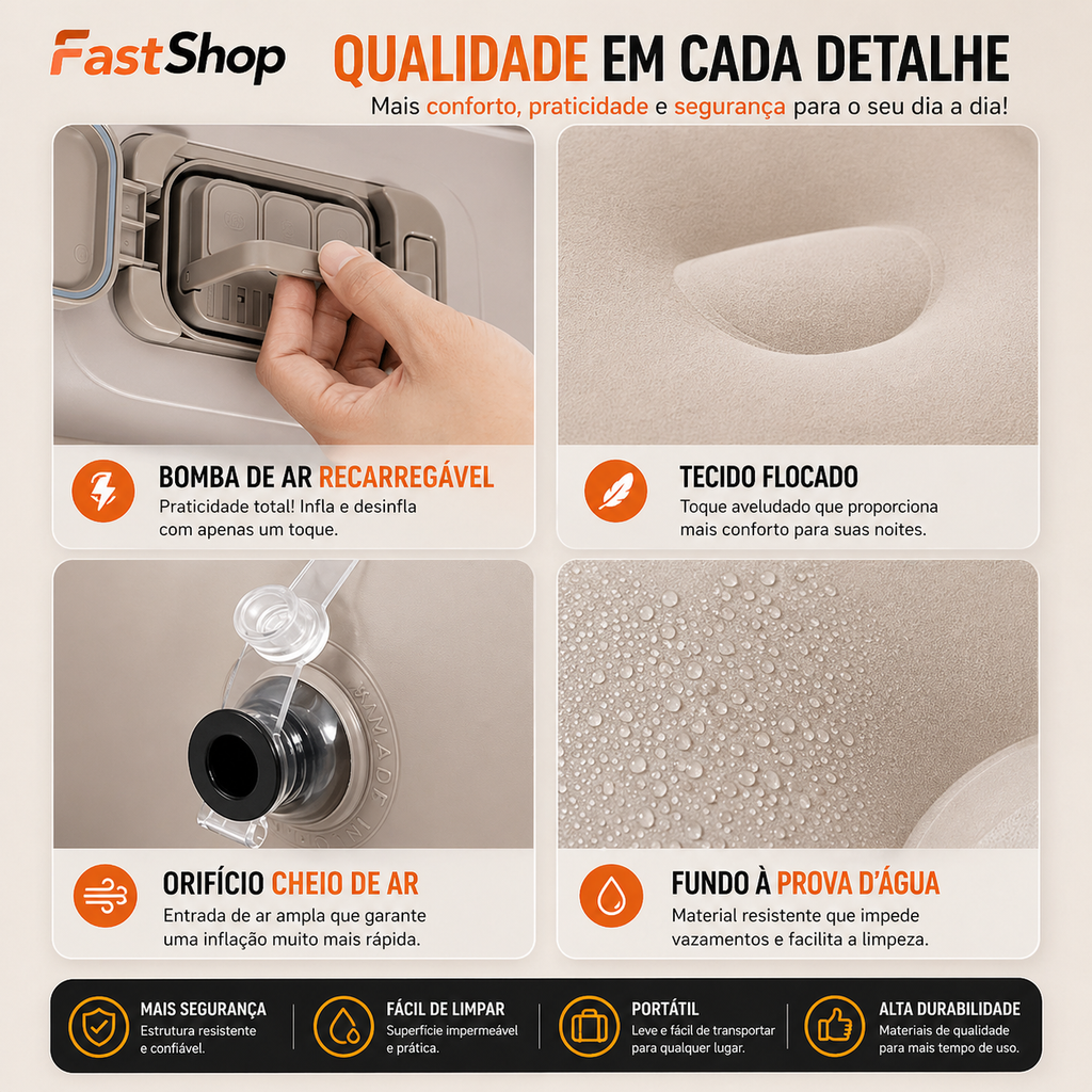 Inflável Premium com Bomba Elétrica Embutida 4000mAh – Conforto de Cama Real em Minutos