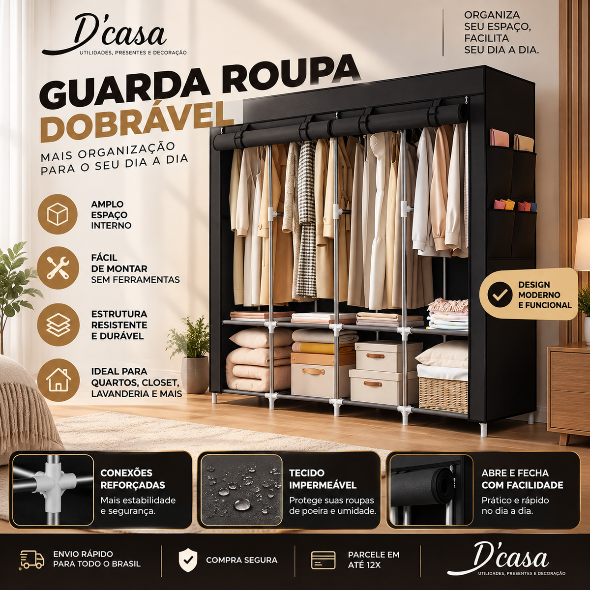 Guarda-Roupa Dobrável GIGANTE – Cabe Roupa, Calçado, Coberta e Muito Mais!