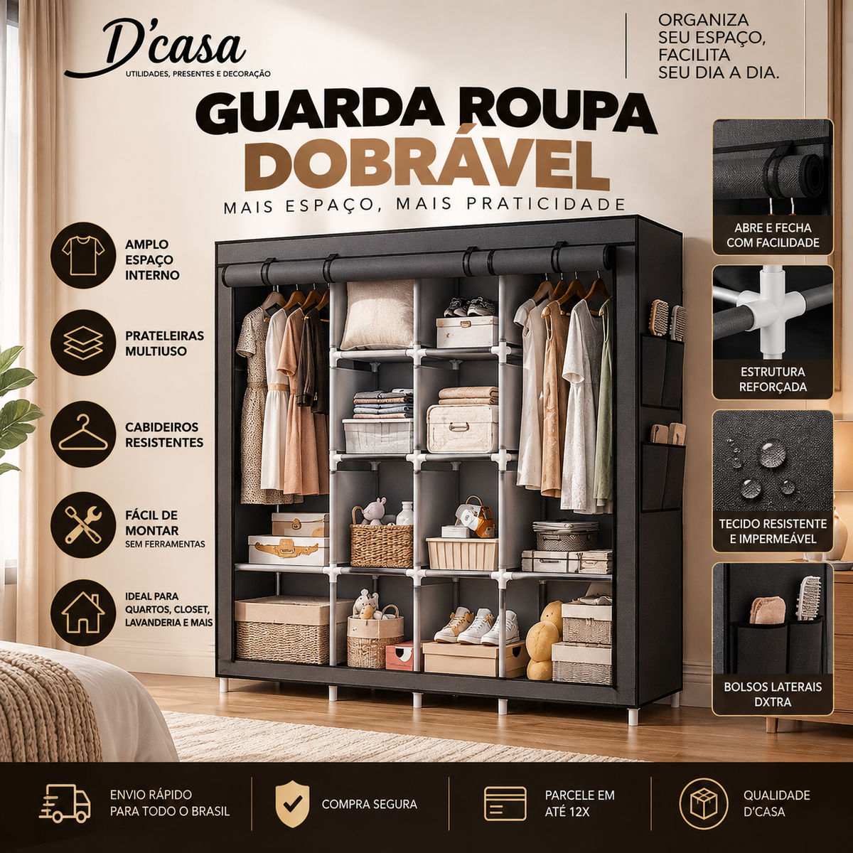 Guarda-Roupa Dobrável GIGANTE – Cabe Roupa, Calçado, Coberta e Muito Mais!