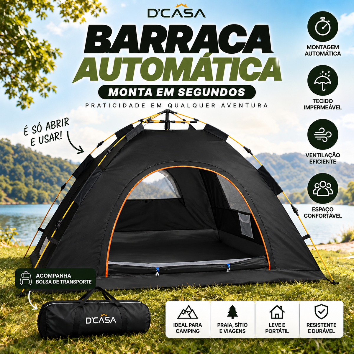 Barraca Automática + 2 Cadeiras de Brinde | Kit Camping Completo