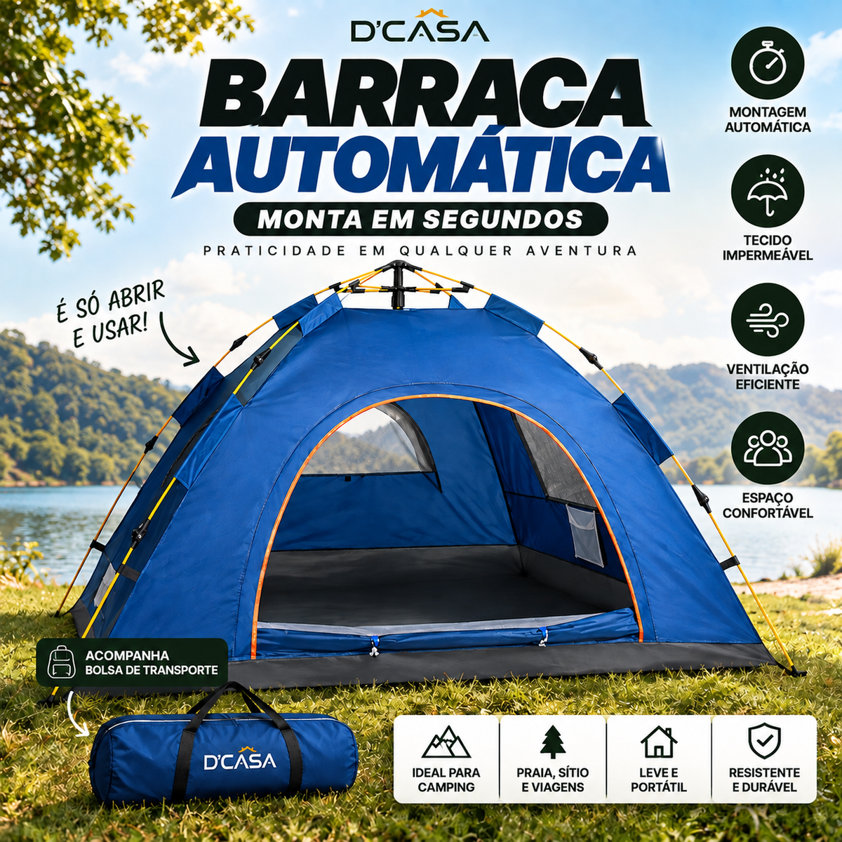 Barraca Automática + 2 Cadeiras de Brinde | Kit Camping Completo