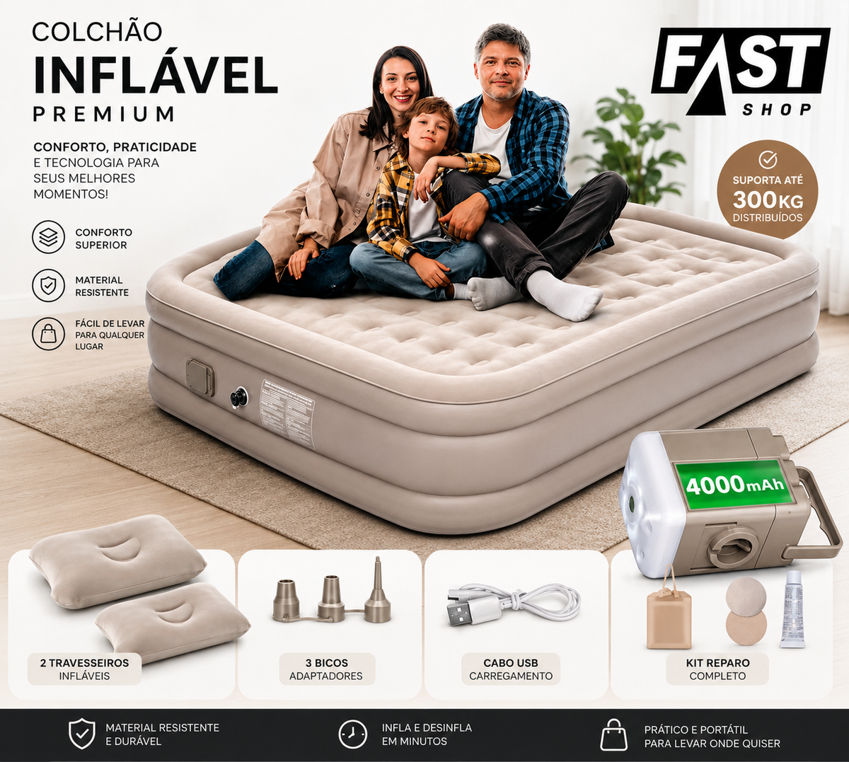 Inflável Premium com Bomba Elétrica Embutida 4000mAh – Conforto de Cama Real em Minutos