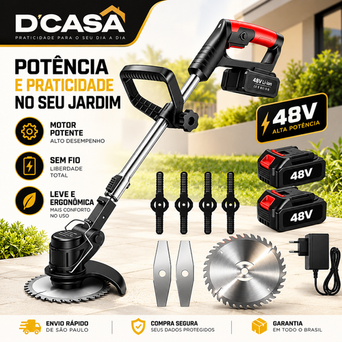 Aparador de Grama Elétrico Sem Fio 48V – Kit Completo com 2 Baterias e 3 Tipos de Corte