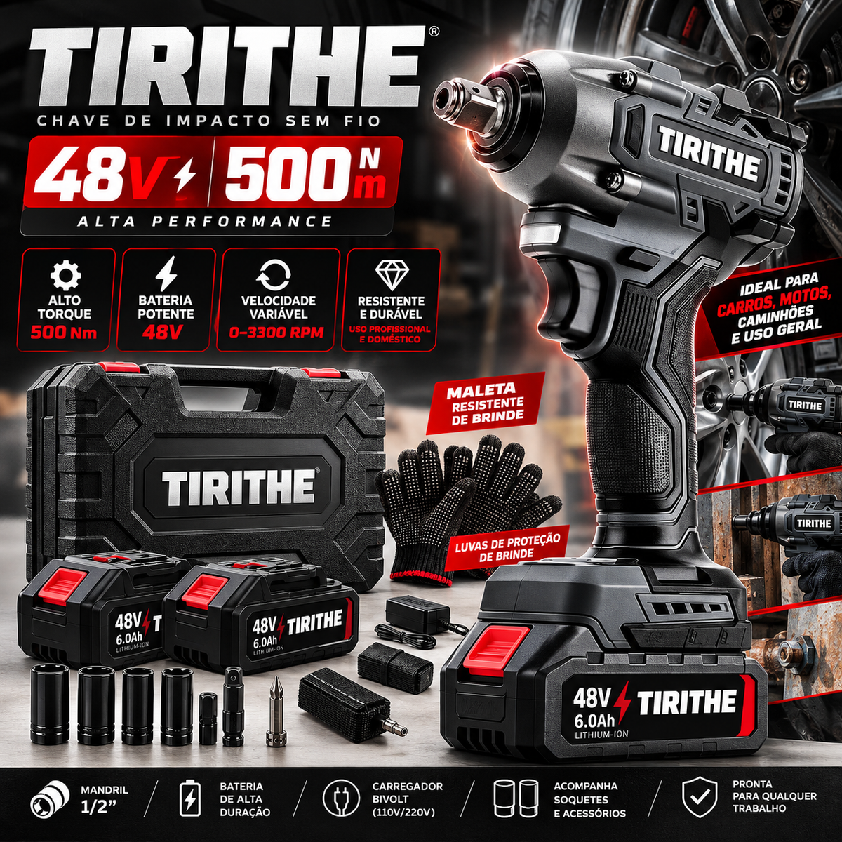 Chave de Impacto TIRITHE 48V 500Nm – Kit Completo com 2 Baterias + Maleta e Luvas de Brinde