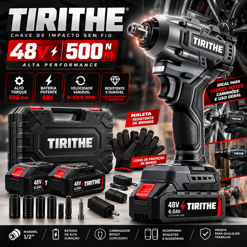Chave de Impacto TIRITHE 48V 500Nm – Kit Completo com 2 Baterias + Maleta e Luvas de Brinde