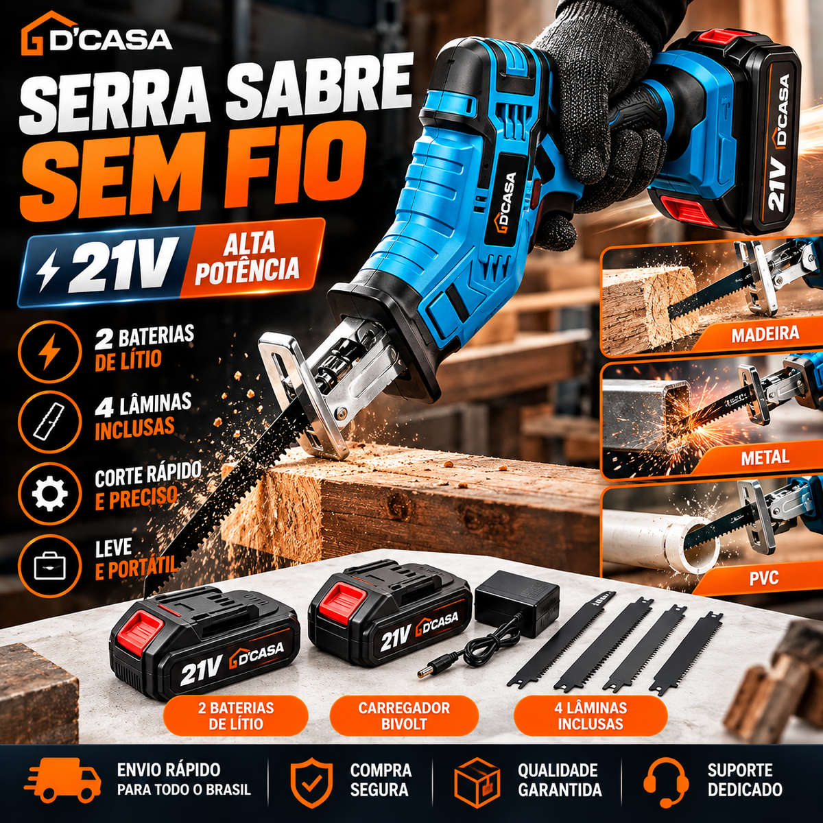 Serra Sem Fio D’Casa 21V – Kit Completo com 2 Baterias + 4 Lâminas (Copy)