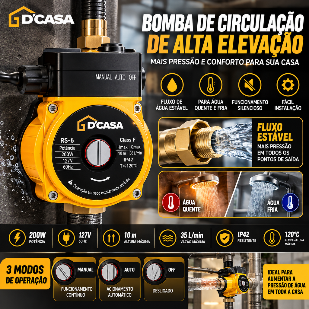 Bomba Pressurizadora de Água D’Casa RS-6 – Alta Pressão para Chuveiros e Torneiras