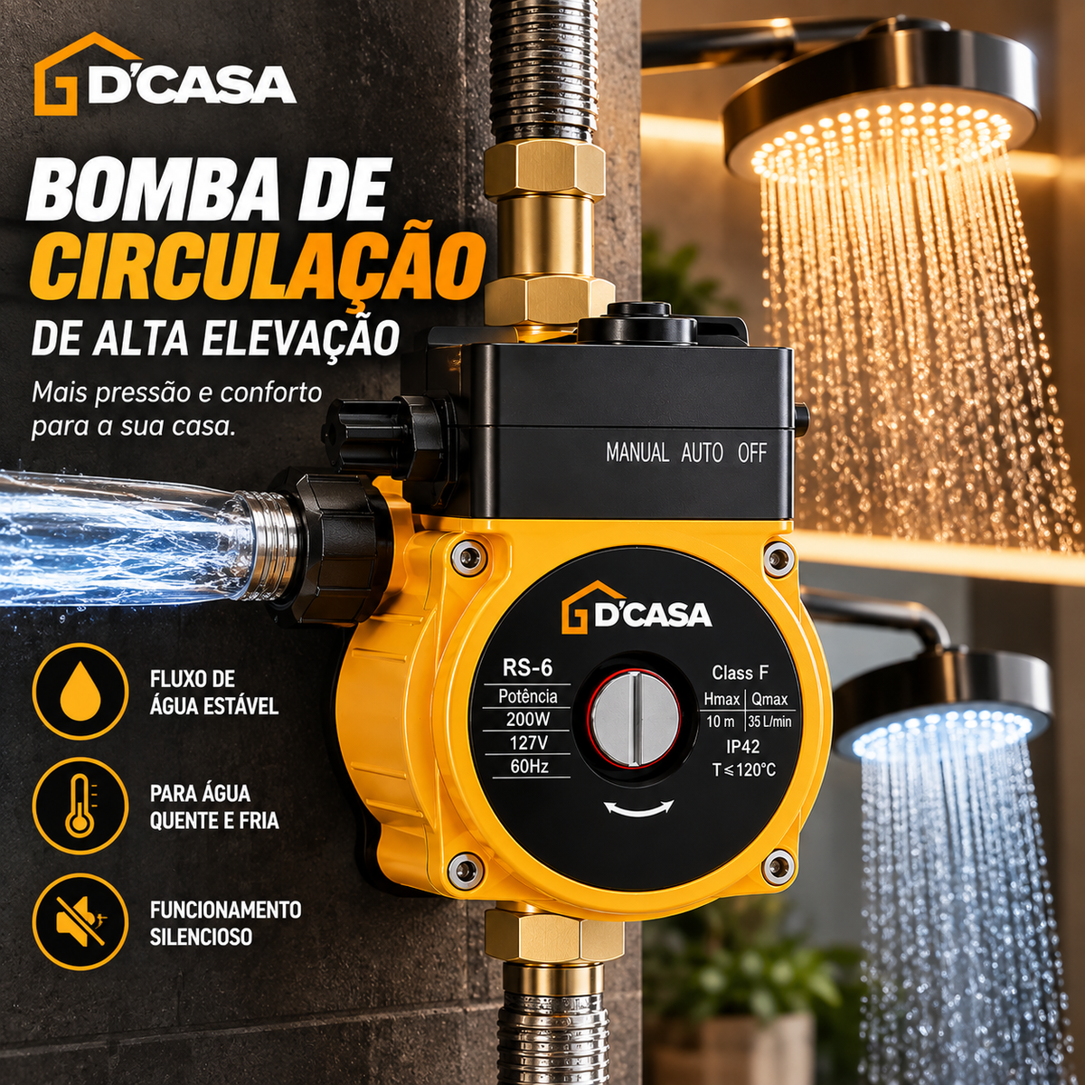 Bomba Pressurizadora de Água D’Casa RS-6 – Alta Pressão para Chuveiros e Torneiras